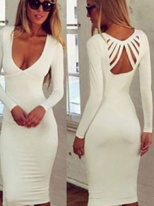 Women's Fashion White Long Sleeve Strappy Bodycon Dress For Cocktail /Party Long Sleeves Dresses