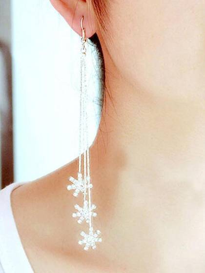 New Women's Tri-snowflake-Shaped   Rhinestone Pendant  Hook Earrings Long Tassels Fashion jewelry Drop Earrings for wedding Party