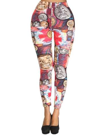 Women's Fashion Skinny Coins Print Leggings Stretchy Trousers Pencil Pants