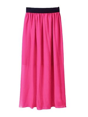 Women Double Layer Chiffon pleated Retro Long Elastic Waist Maxi Skirt (hot pink )