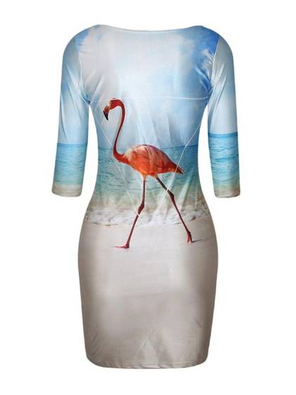 Lady's Digital Print flamingo Fashion Half Sleeves Dress Clubwear Cocktail Party