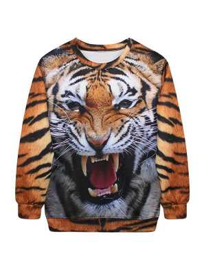 Women's Fashion 3D Tiger Digital Print Long Sleeve Sweatshirts & Hoodies (Brown)