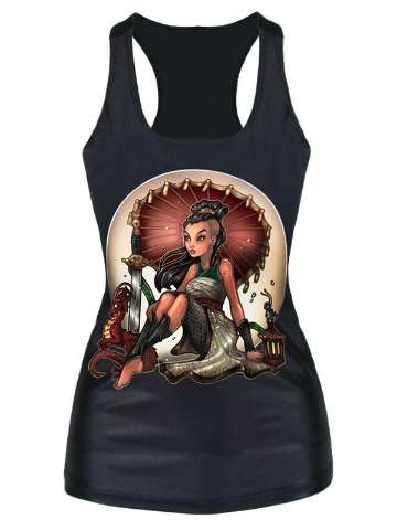 Fashion Women's Digital Gothic Black Digital Clubwear Punk T-Shirt Print Tank Tops (One Size,Black Oriental Beauty)