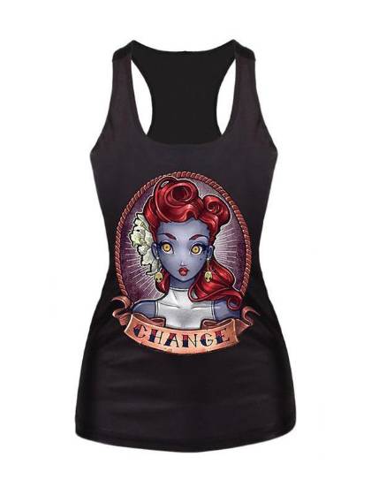 Women Digital Print Tank Tops Sleeveless Shirts(Black)Gothic0909