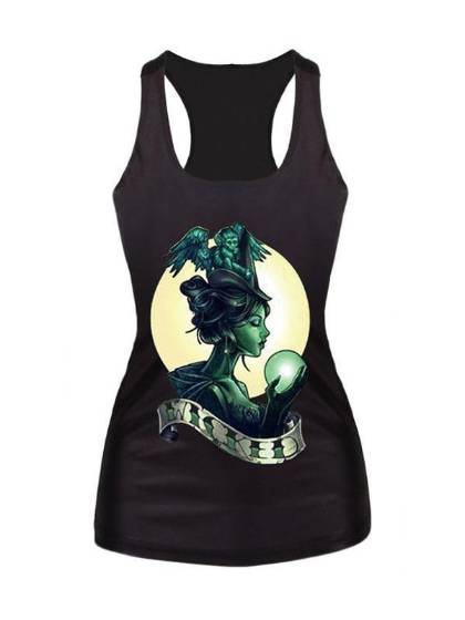 Women Wicked Witch Digital Print Tank Top Clubwear Gothic Punk T-Shirt(Black)