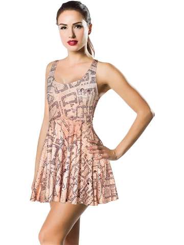 Sexy Fashion Women Digital Print HP Marauders Map Vintage Skater Dress