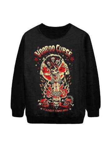 Women's Fashion Voodoo Curse Digital Print Long Sleeve Hoodies Sweatshirt (Black)