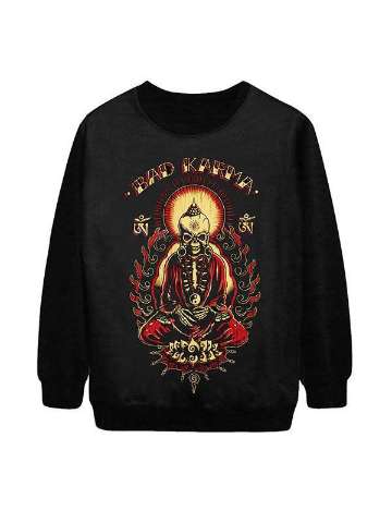Women's Fashion Bad karma Digital Print Long Sleeve Hoodies Sweatshirts & Hoodies (Black)
