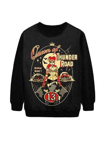 Women's Fashion Thunder Road Digital Print Long Sleeve Hoodies Sweatshirt (Black)