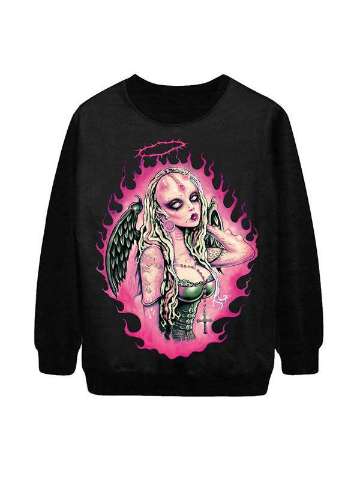 Women's Fashion  fallen angel Digital Print Long Sleeve Hoodies Sweatshirt (Black)