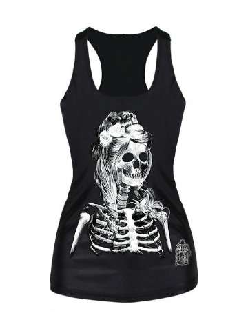 Womens Skeleton Skull Bride Digital Printed Sleeveless T Shirt Vest Tank Tops (Black)
