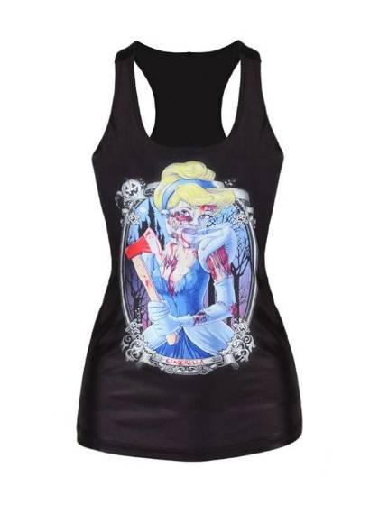 Womens Zombie Cinderella Digital Printed Sleeveless T Shirt Vest Tank Tops (Black)