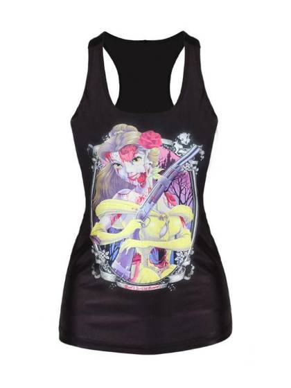 Womens Zombie Beauty and the Beast Digital Printed Sleeveless T Shirt Vest Tank Tops (Black)
