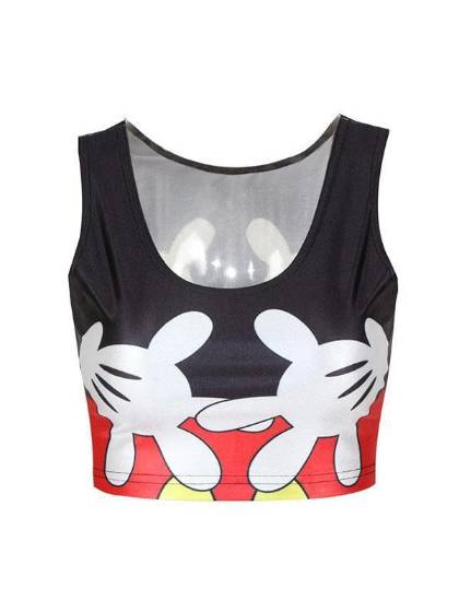 Women's Sleeveless Mickey Mouse Hands Emotion Digital Print Crop Top (black)