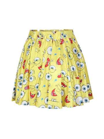 Women's SpongeBob SquarePants Digital Print High Waist A-line Flared Pleated Skater Mini Skirts (Yellow)