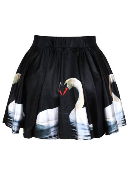 Retro Womens Fashion Rockability Swan Digital Print Skirt Skater Bottom Short Skirt