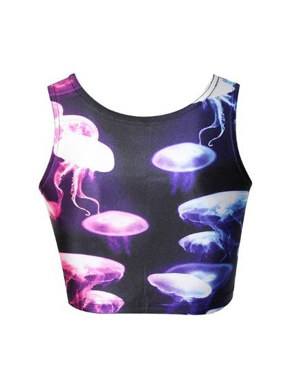 Women's Summer Fashion Jelly Fish Digital Print  Crop Tank Top Bodysuit Clubwear T Shirts