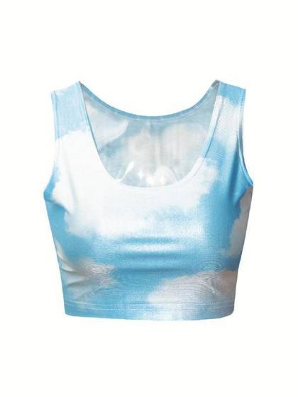 Women's Sleeveless sky Emotion Digital Print Crop Top (Blue)