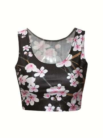 Women's Sleeveless cherry blossom Emotion Digital Print Crop Top (Black)