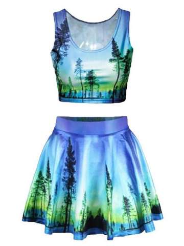 Women Wonderful Day Print Crop Tank Top Pleated Skater Mini Skirts Set