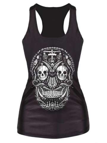 Womens Metal Steampunk Skull Digital Printed Sleeveless T Shirt Vest Tank Tops