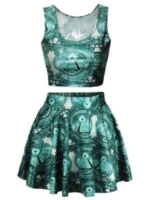 Women Egypt Print Crop Tank Top Pleated Skater Mini Skirts Set
