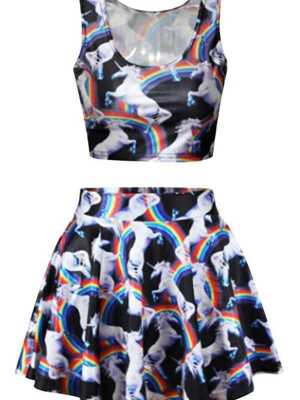 Women Rainbow Horse Print Crop Tank Top Pleated Skater Mini Skirts Set