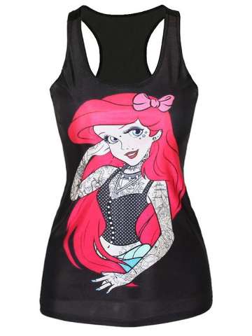 Women Digital Print Cute Mermaid Ariel Punk Tank Tops Clubwear
