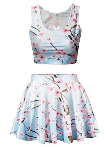 Women Peach Blossom Print Crop Tank Top Pleated Skater Mini Skirts Set