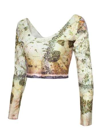 Women's Long Sleeve Shirts Old Map Print Scooped Round Neck Back And Front Crop Tops