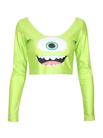 Women's Long Sleeve Shirts One-Eyed Print Scooped Round Neck Back And Front Crop Tops