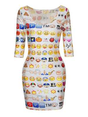 Womens Emoji 3d Digital Print Half Sleeve Low-cut Bodycon Dress