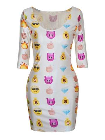Womens Emoji 3d Digital Print Half Sleeve Low-cut Bodycon Dress