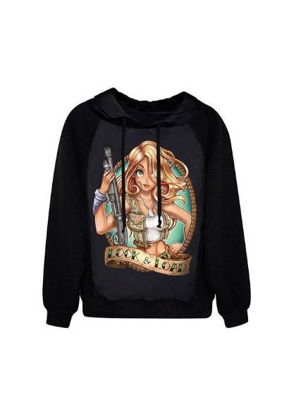 Women's Fashion Lock & Load Digital Print Long Sleeve Hoodies Sweatshirt (Black)