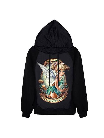 Women's pin up Pixie Digital Print Long Sleeve Hoodies Sweatshirt (Black)