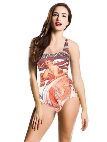 Fashion Digital Print Goddess Painting Romper Teddy Monokini Swimsuit Beachwear