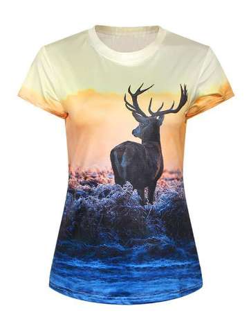 Women's 3D Animal Deer Digital Printing Short Sleeve Crewneck T-Shirt Shirts Tee (Yellow)