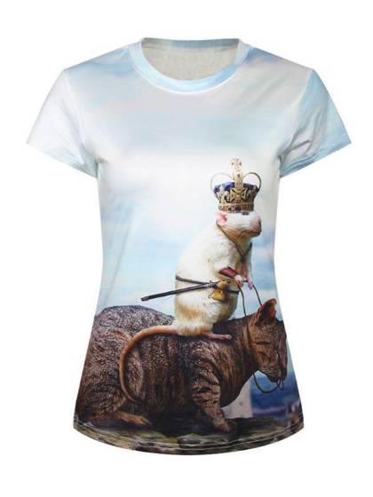 Women's 3D Animal Mouse King Digital Printing Short Sleeve Crewneck T-Shirt Shirts Tee (White)