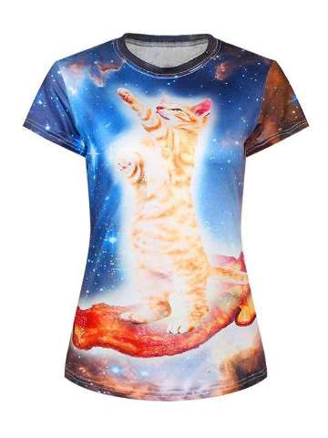 Women's 3D Cat & Sky Digital Printing Short Sleeve Crewneck T-Shirt Shirts Tee (Yellow)