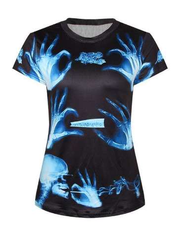 Women's 3D X Ray Digital Printing Short Sleeve Crewneck T-Shirt Shirts Tee (Black)