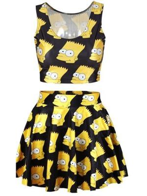 Fashion Women's the simpsons Digital Print Reversible Crop Top + Skirt 2 pieces vintage Clubwear Party