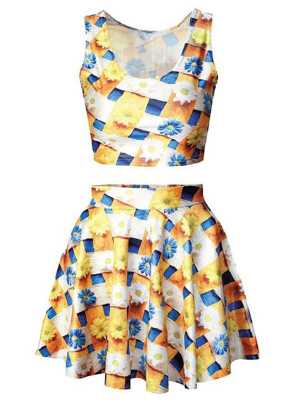 Women Daisy Plaid Print Crop Tank Top Pleated Skater Mini Skirts Set