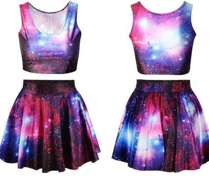 Fashion Women's purple galaxy Digital Print Reversible Crop Top Skirt 2 PCS Vintage Clubwear Party
