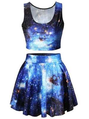 Women Galaxy Print Crop Tank Top Pleated Skater Mini Skirts Set