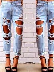 Women Fashion Casual Ripped Distressed Scratch Hole Loose Capris Mid Zipper Fly  Denim Jeans Bottom