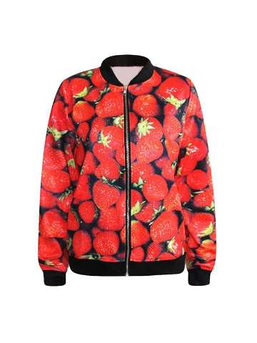 Women Strawberry Digital Print Zipper Front Jacket Long Sleeve Lady Coat Streat Wear