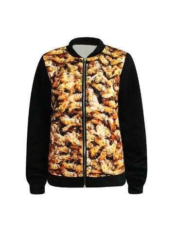 Women Fashion Bees Digital Print Zipper Front Jacket Long Sleeve Lady Coat Streat Wear