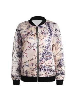 New Women Fashion Digital Print Middle Earth Map Zipper Front Jacket Long Sleeve Lady Coat Streat Wear