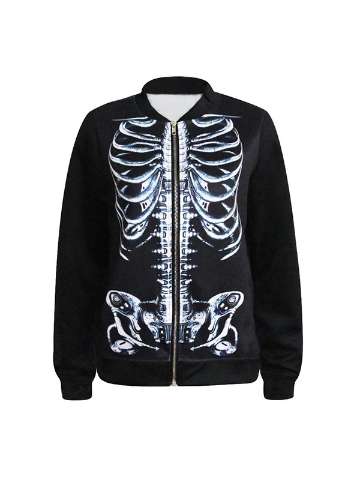 Fashion Digital Print skeleton Zipper Front Jacket Long Sleeve Lady Coat Streat Wear