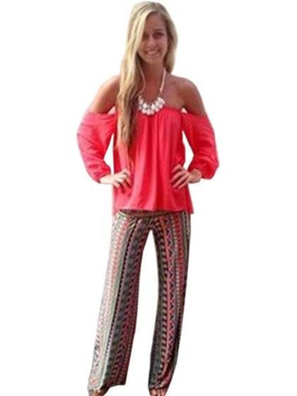 Women Fashion Harem Casual Print Pants Loose Elastic Waist Trousers Wide Leg Long Pants